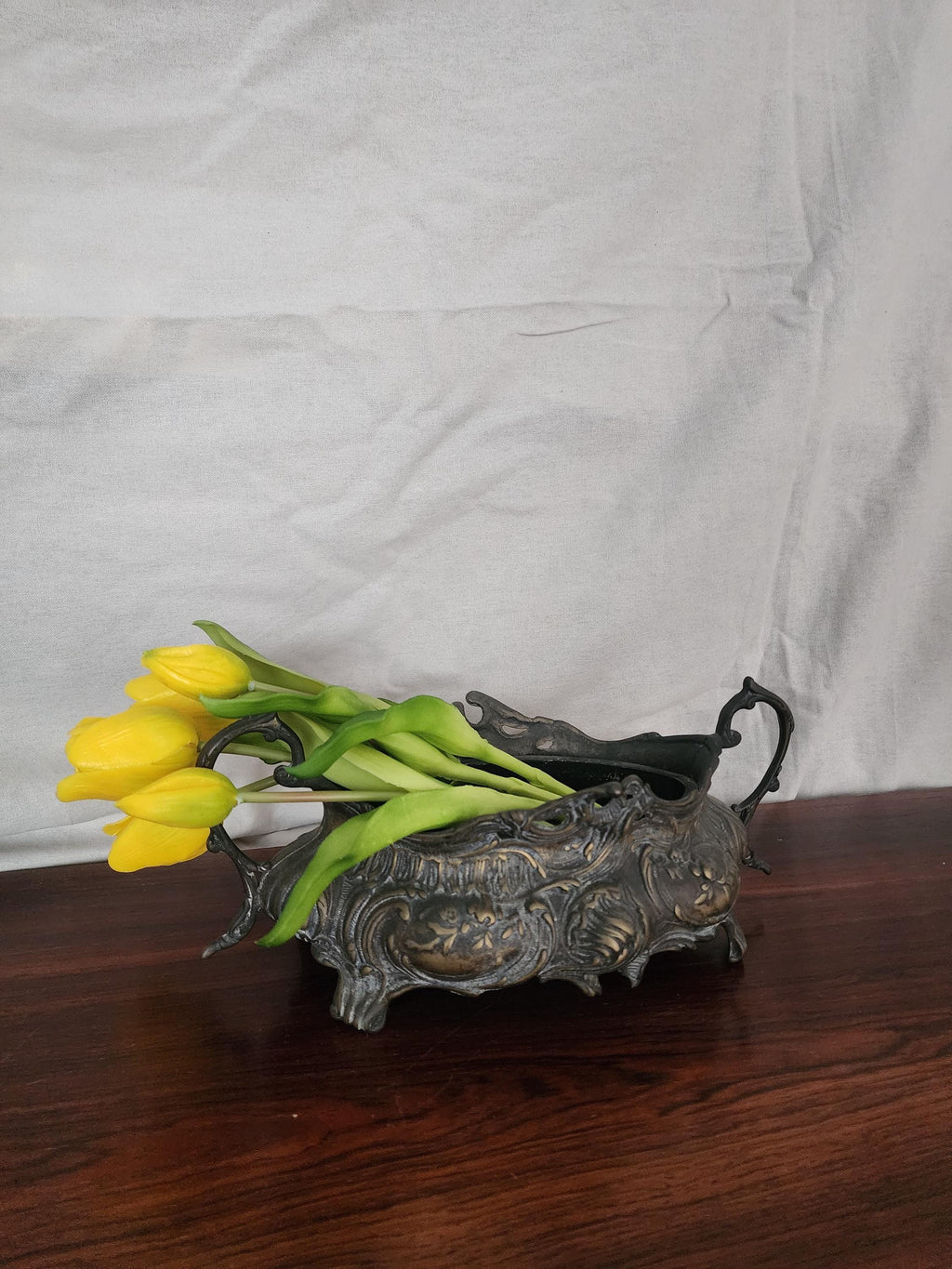 Antique French Art Nouveau Jardinière | Ornate Cast Metal Centerpiece with Liner | Floral Rococo Revival Planter