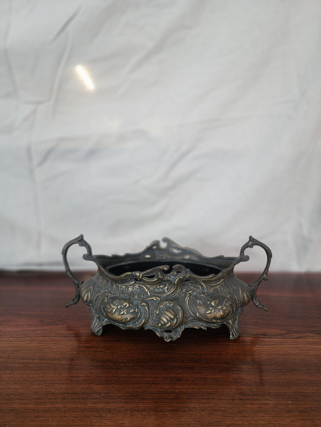 Antique French Art Nouveau Jardinière | Ornate Cast Metal Centerpiece with Liner | Floral Rococo Revival Planter