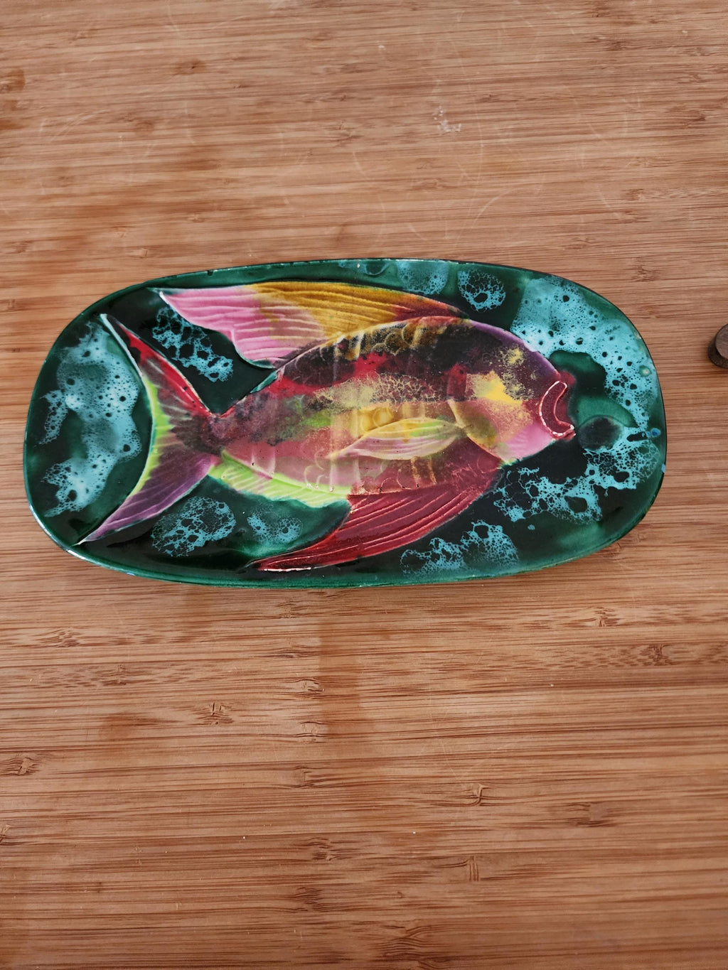 Vintage French Mid-Century Porcelain Plate | 1970s Hand-Painted Fish Design | Vallauris-Style Modernist Wall Art
