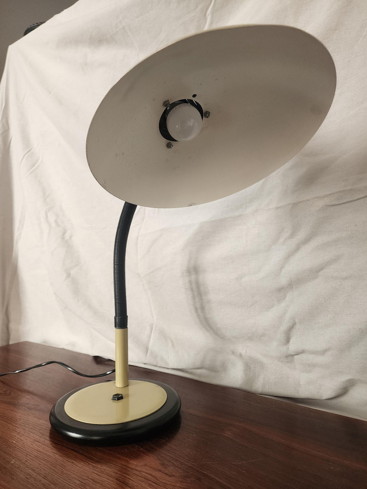 Vintage Gooseneck Desk Lamp | 1970s Black & Cream Adjustable Table Lamp | Mid-Century Modern Industrial Lighting