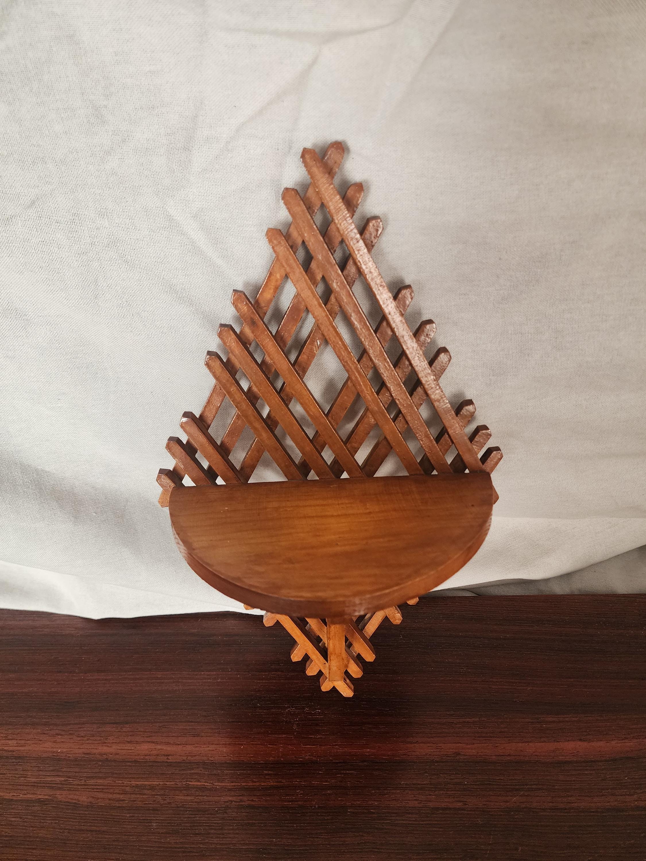 Vintage Wooden Wall Shelf | Handcrafted Lattice Wall Bracket | Mid-Century Scandinavian Folk Art Display Shelf