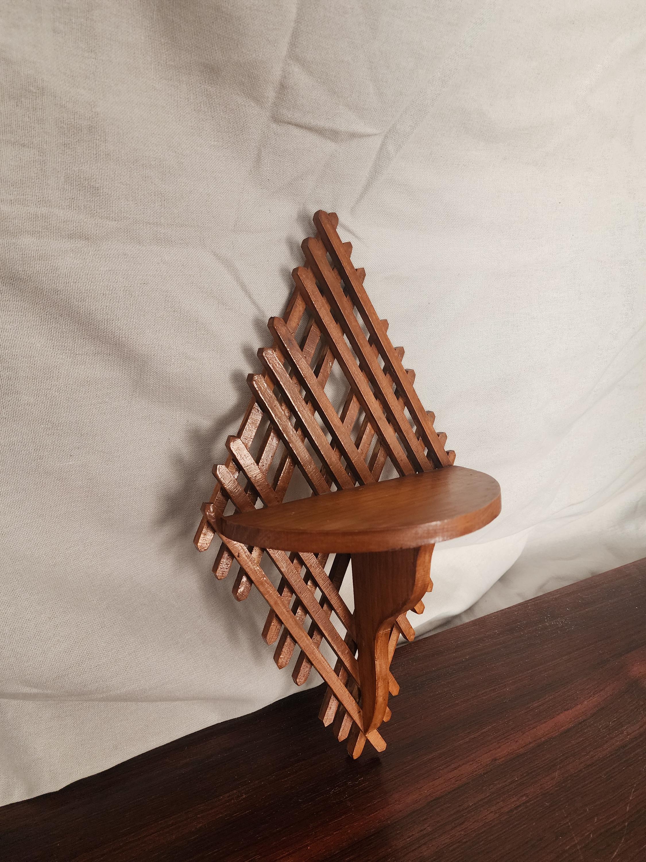 Vintage Wooden Wall Shelf | Handcrafted Lattice Wall Bracket | Mid-Century Scandinavian Folk Art Display Shelf