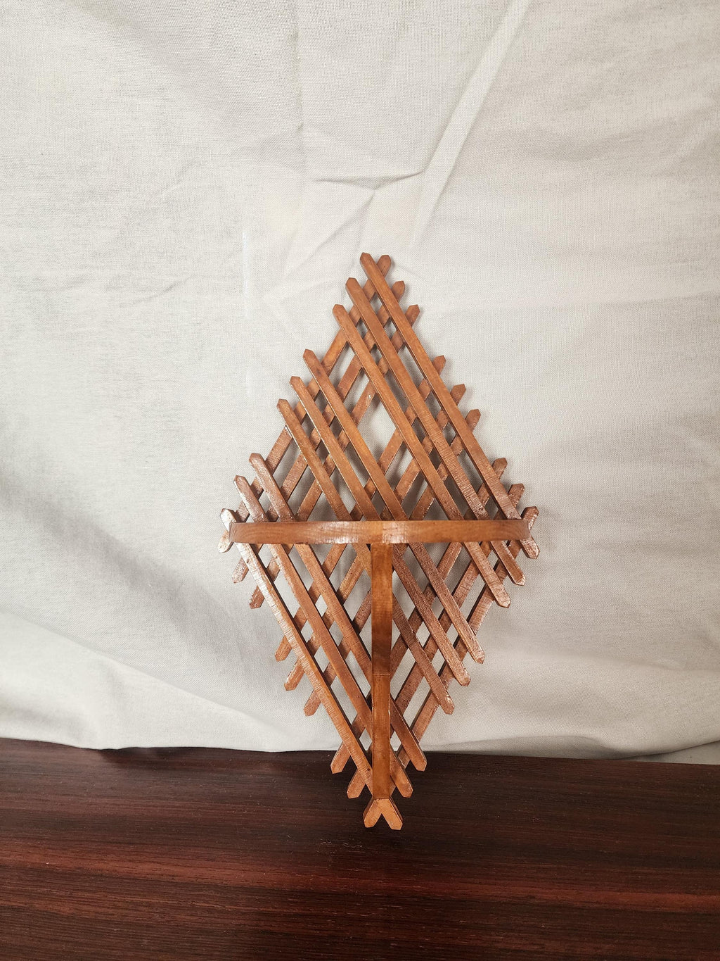 Vintage Wooden Wall Shelf | Handcrafted Lattice Wall Bracket | Mid-Century Scandinavian Folk Art Display Shelf