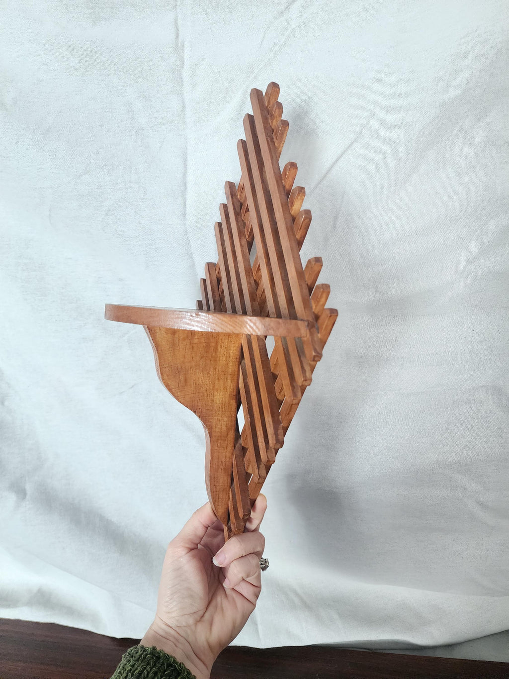 Vintage Wooden Wall Shelf | Handcrafted Lattice Wall Bracket | Mid-Century Scandinavian Folk Art Display Shelf