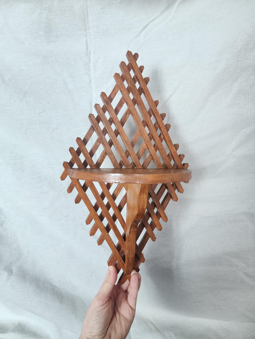 Vintage Wooden Wall Shelf | Handcrafted Lattice Wall Bracket | Mid-Century Scandinavian Folk Art Display Shelf