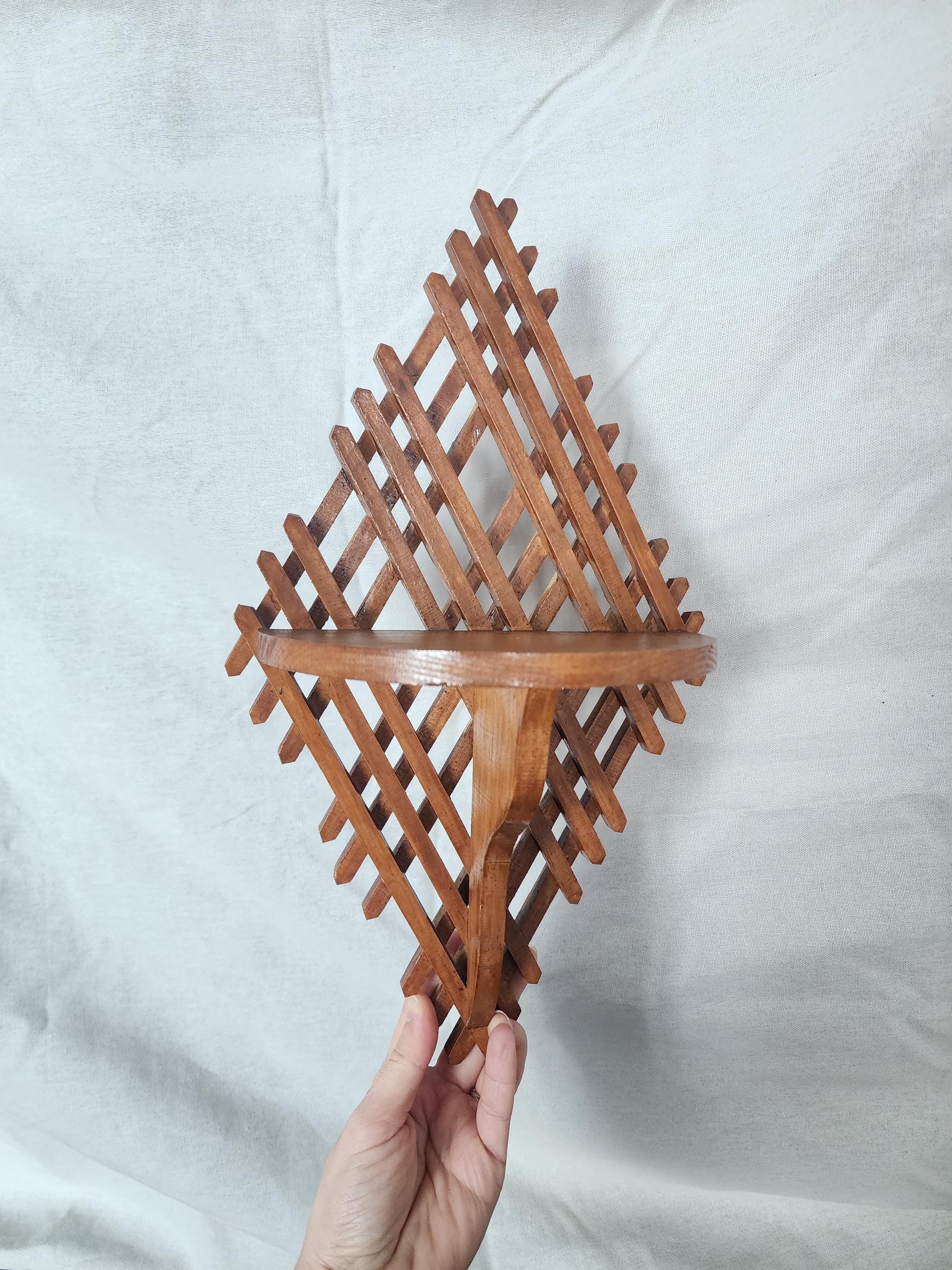 Vintage Wooden Wall Shelf | Handcrafted Lattice Wall Bracket | Mid-Century Scandinavian Folk Art Display Shelf