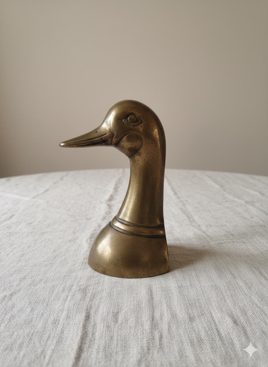 Vintage Solid Brass Duck Head Bookend Mid Century Modern Goose Sculpture Hollywood Regency Decor