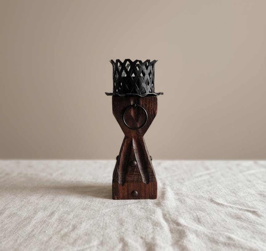 Vintage Rustic Wood and Wrought Iron Candle Holder Gothic Medieval Style Blacksmith Decor Primitive Farmhouse Taper Sconce