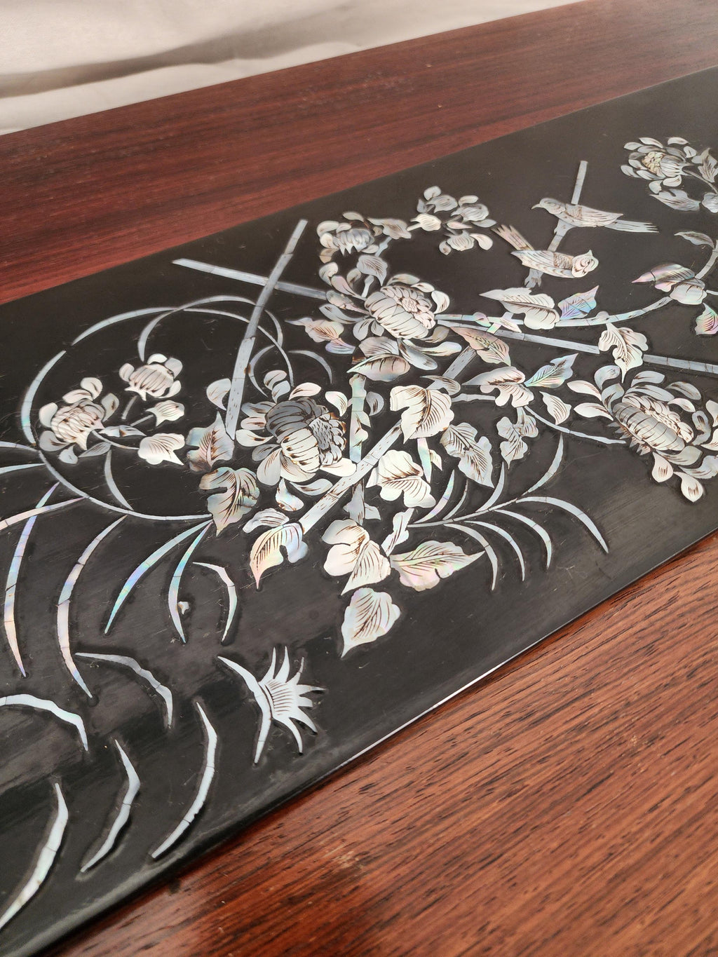 Vintage Mother of Pearl Inlaid Wall Art Black Lacquer Asian Floral Bird Panel Chinoiserie Decor Organic Modern Art