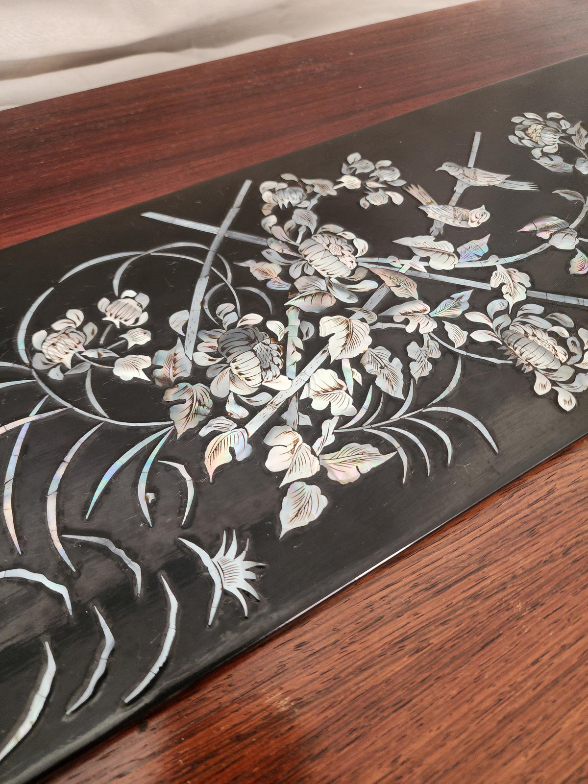 Vintage Mother of Pearl Inlaid Wall Art Black Lacquer Asian Floral Bird Panel Chinoiserie Decor Organic Modern Art