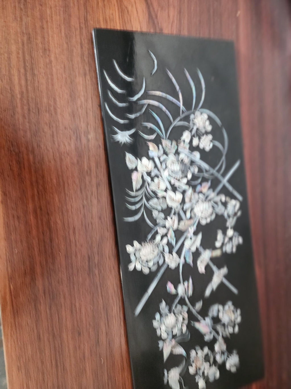 Vintage Mother of Pearl Inlaid Wall Art Black Lacquer Asian Floral Bird Panel Chinoiserie Decor Organic Modern Art