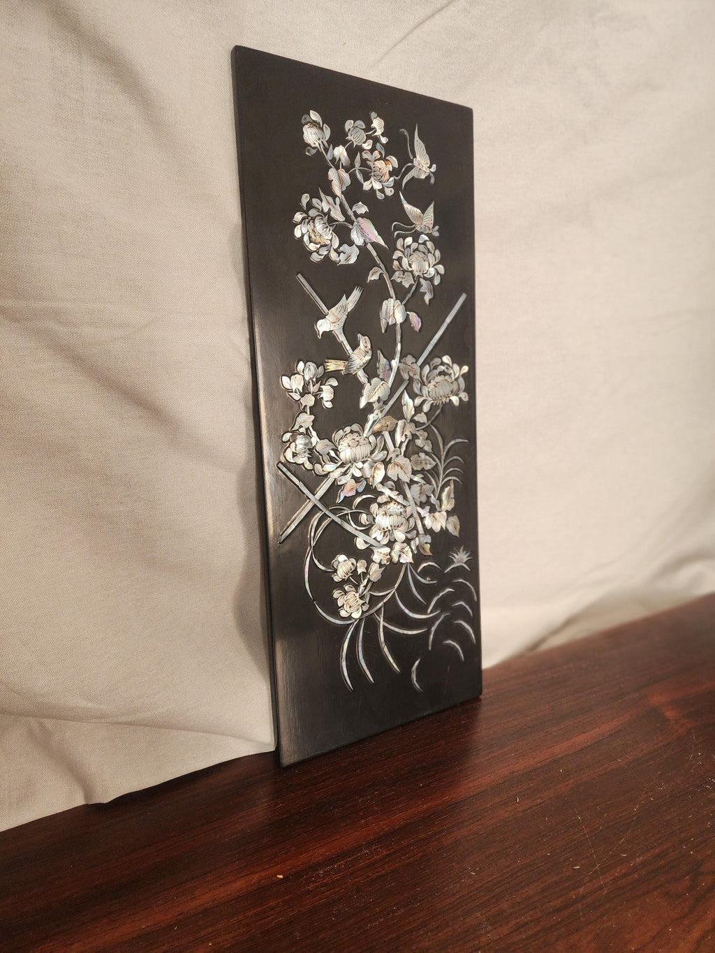 Vintage Mother of Pearl Inlaid Wall Art Black Lacquer Asian Floral Bird Panel Chinoiserie Decor Organic Modern Art