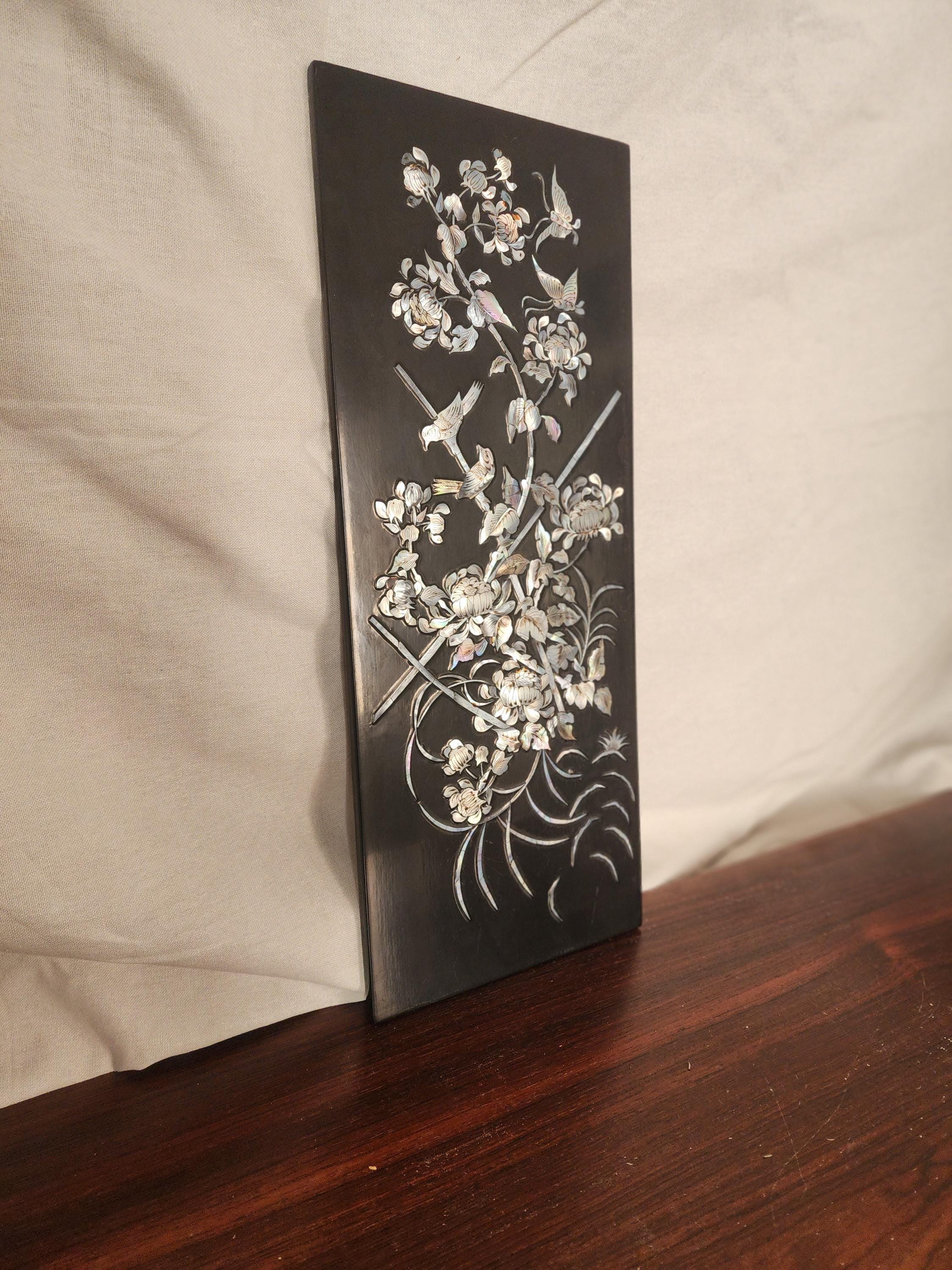 Vintage Mother of Pearl Inlaid Wall Art Black Lacquer Asian Floral Bird Panel Chinoiserie Decor Organic Modern Art