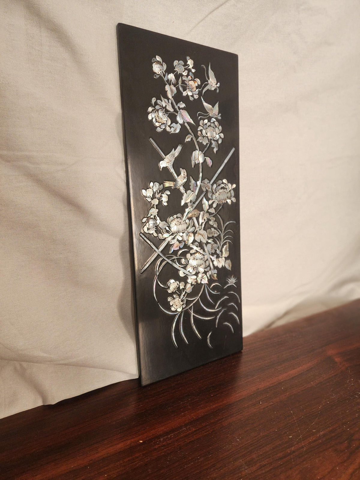 Vintage Mother of Pearl Inlaid Wall Art Black Lacquer Asian Floral Bird Panel Chinoiserie Decor Organic Modern Art