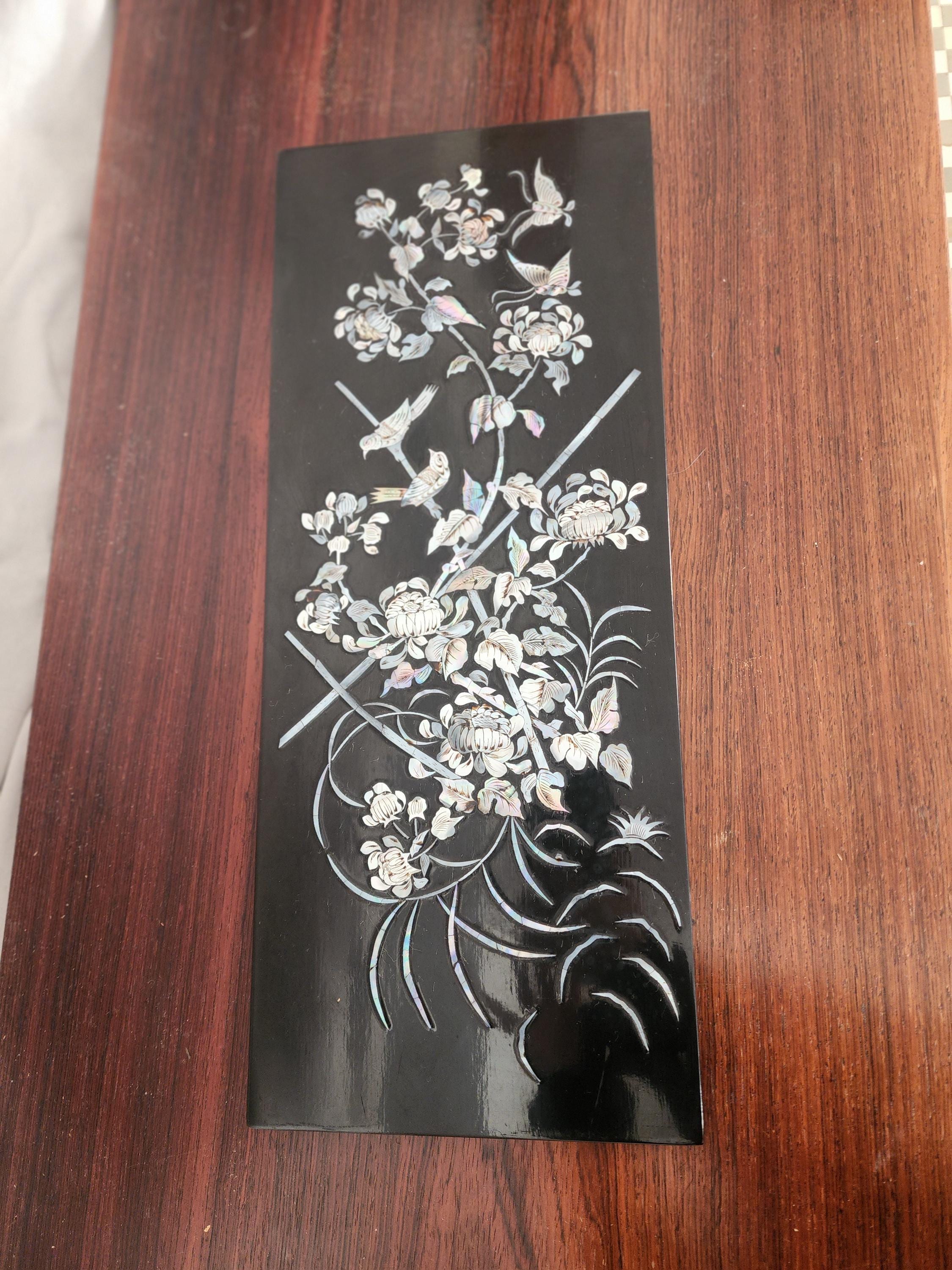 Vintage Mother of Pearl Inlaid Wall Art Black Lacquer Asian Floral Bird Panel Chinoiserie Decor Organic Modern Art