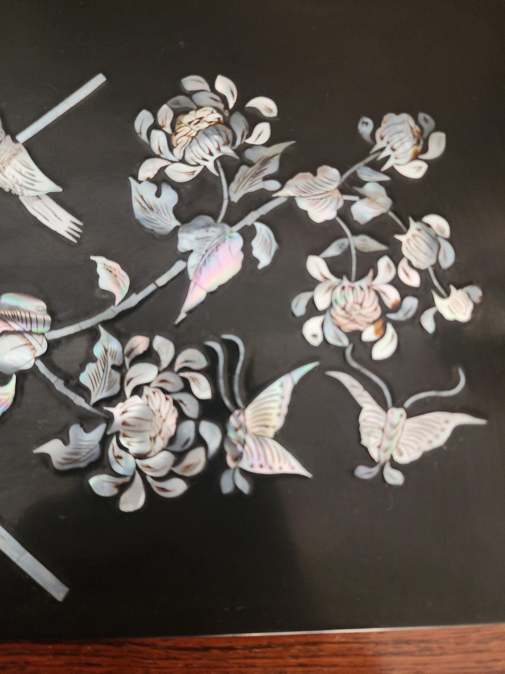Vintage Mother of Pearl Inlaid Wall Art Black Lacquer Asian Floral Bird Panel Chinoiserie Decor Organic Modern Art