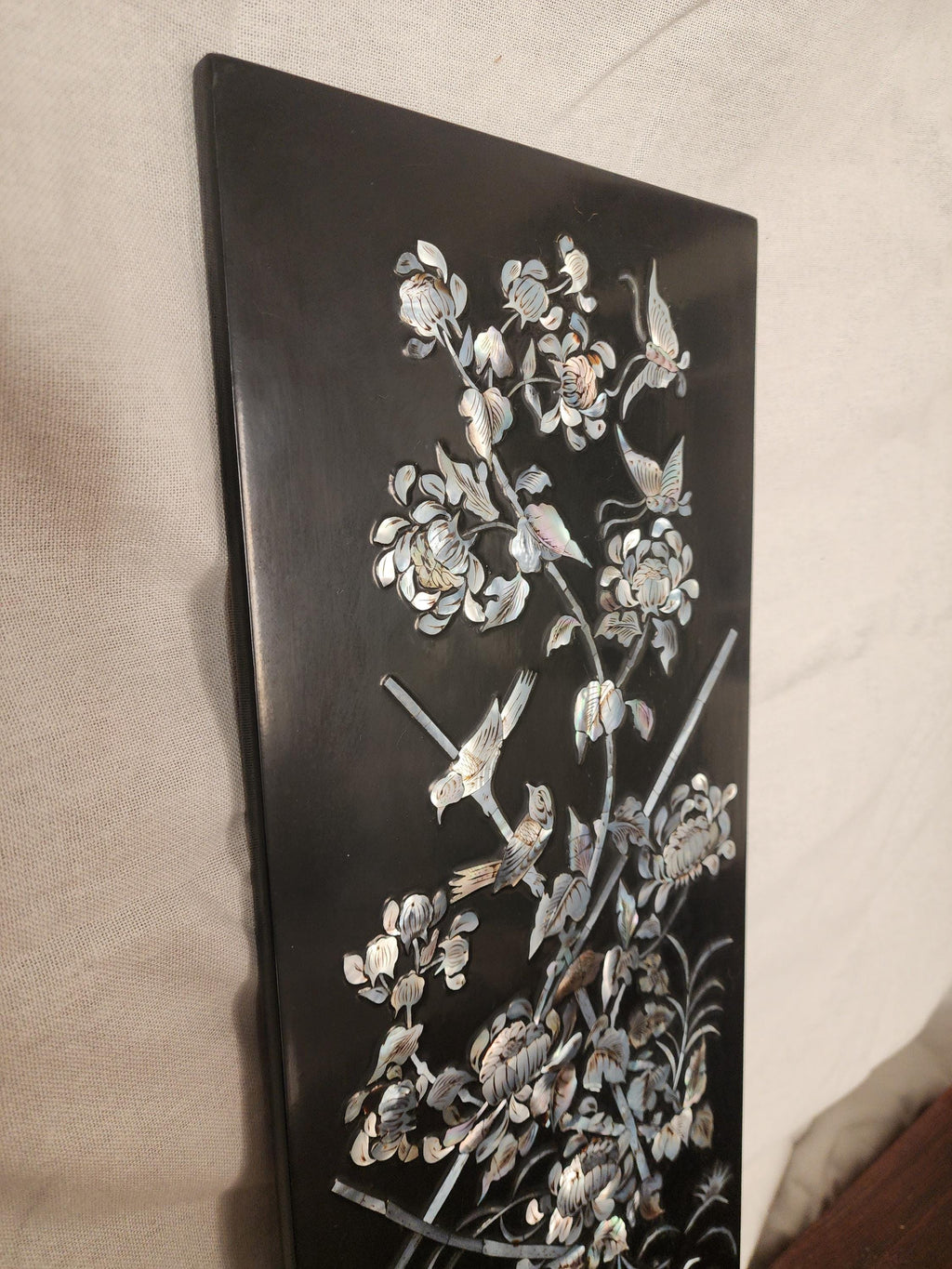 Vintage Mother of Pearl Inlaid Wall Art Black Lacquer Asian Floral Bird Panel Chinoiserie Decor Organic Modern Art