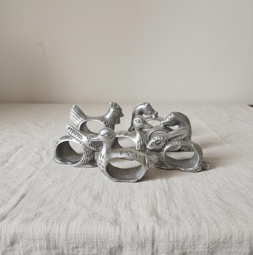 Vintage Pewter Duck Napkin Rings Set of 7 Rustic Farmhouse Table Decor French Country Easter Hosting Spring Tablescape