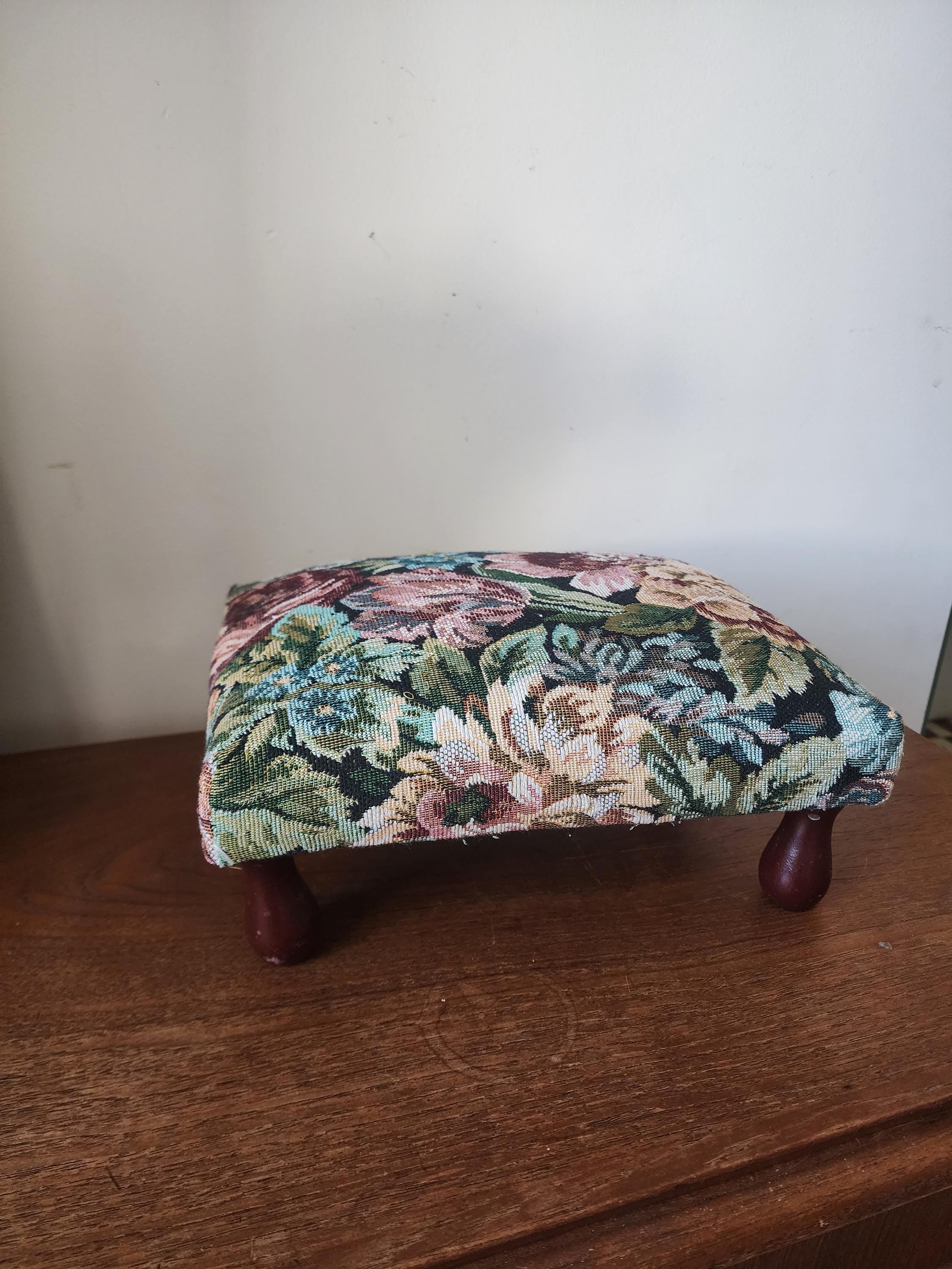 Vintage Floral Tapestry Footstool, Needlepoint Upholstered Ottoman, Cottagecore Vanity Stool, Bun Feet Accent Seat