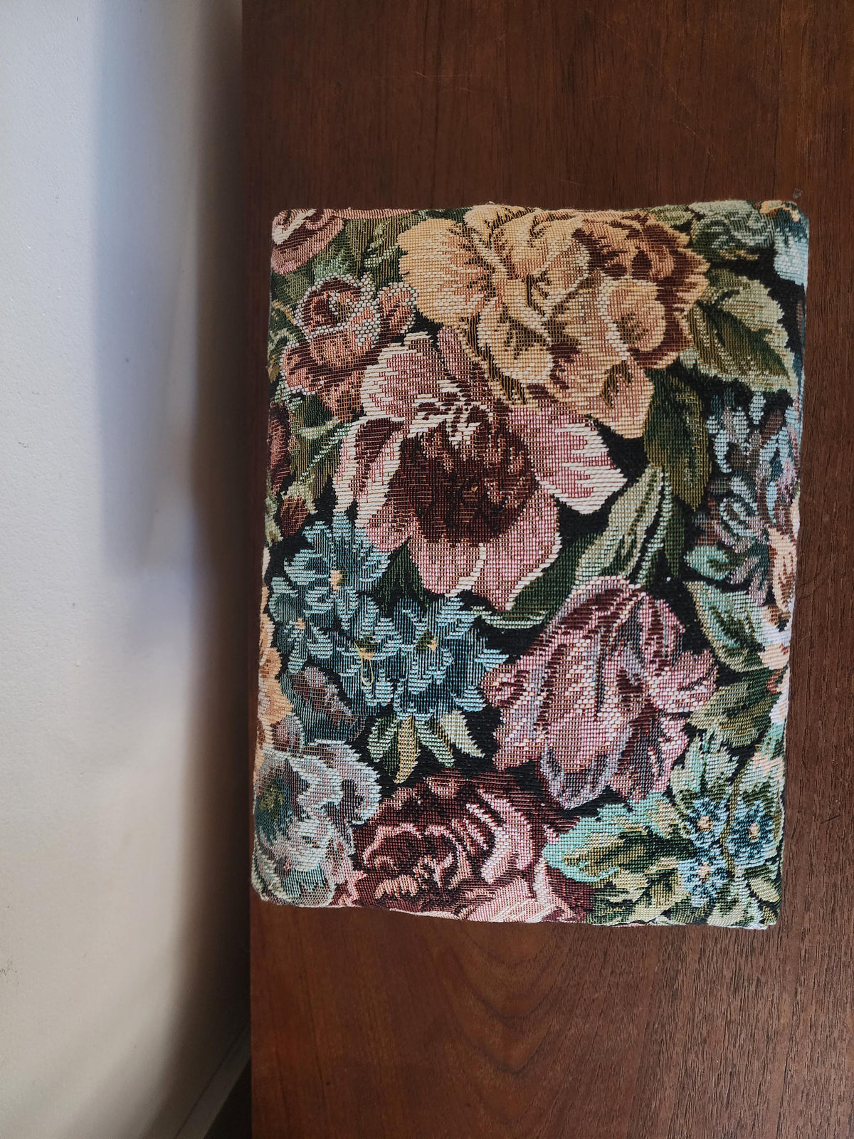 Vintage Floral Tapestry Footstool, Needlepoint Upholstered Ottoman, Cottagecore Vanity Stool, Bun Feet Accent Seat