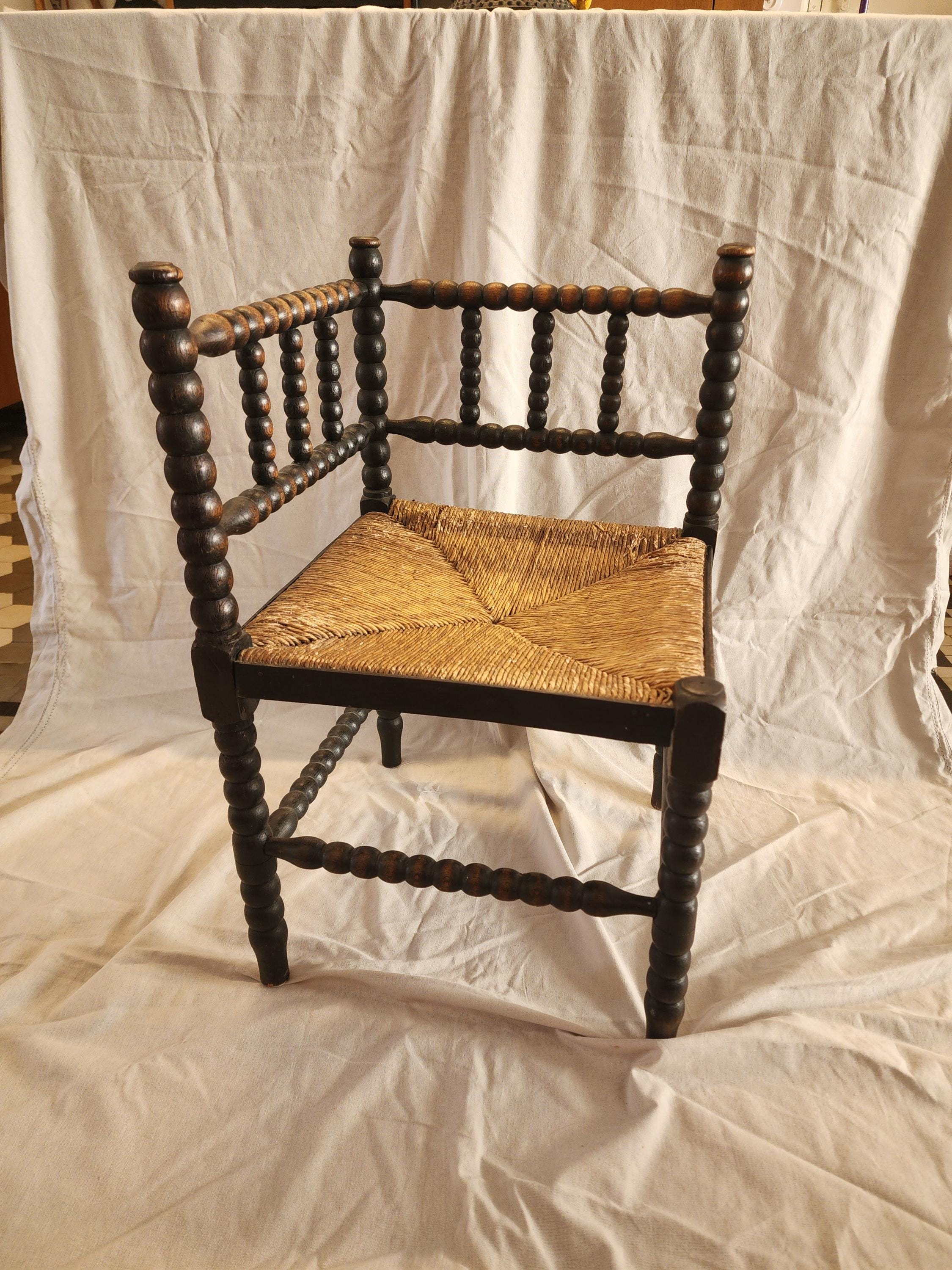 Antique Bobbin Corner Chair, Rush Seat Chair, Spanish Colonial Style, Woven Seat Armchair, Primitive Wooden Chair
