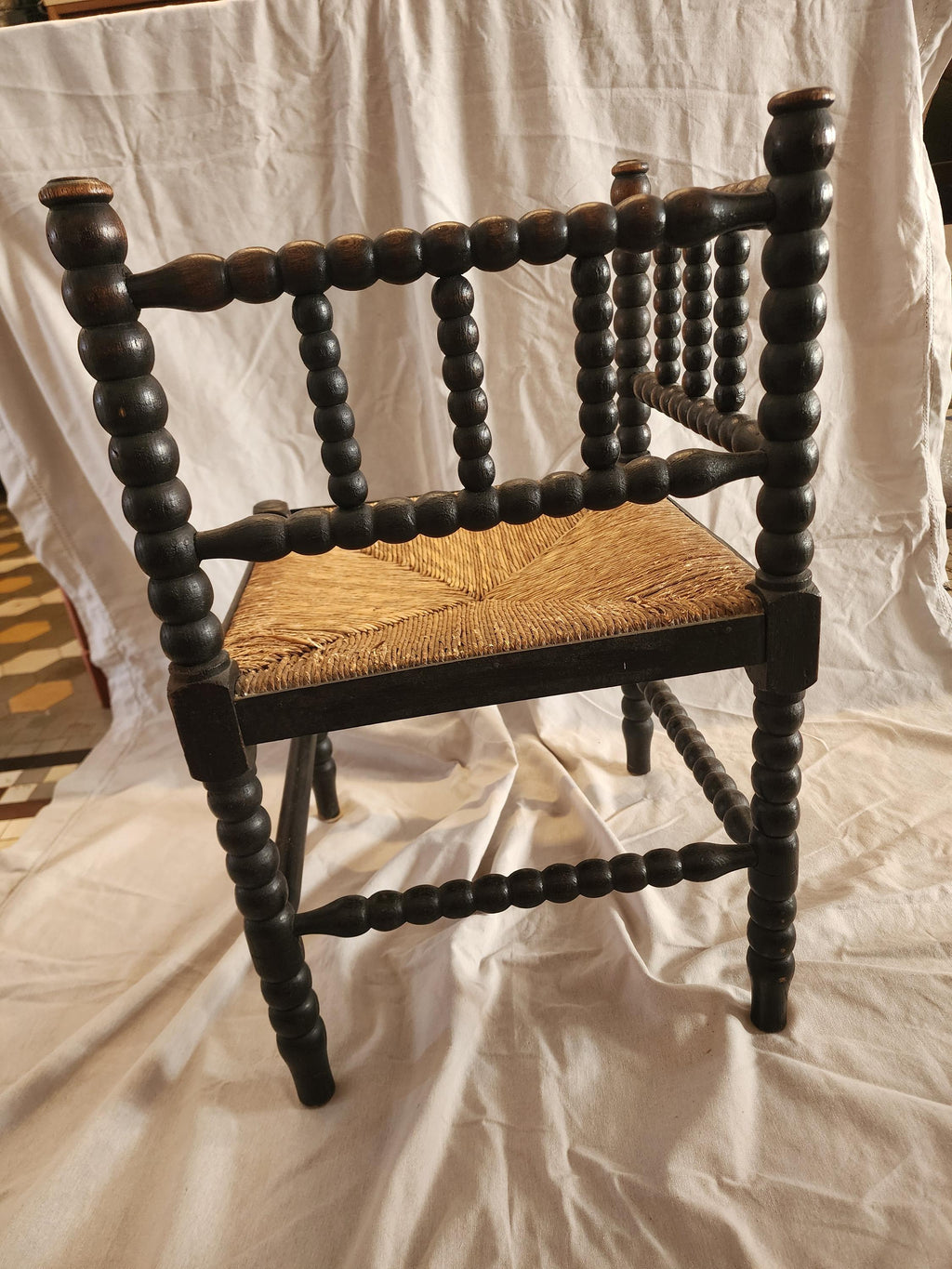 Antique Bobbin Corner Chair, Rush Seat Chair, Spanish Colonial Style, Woven Seat Armchair, Primitive Wooden Chair