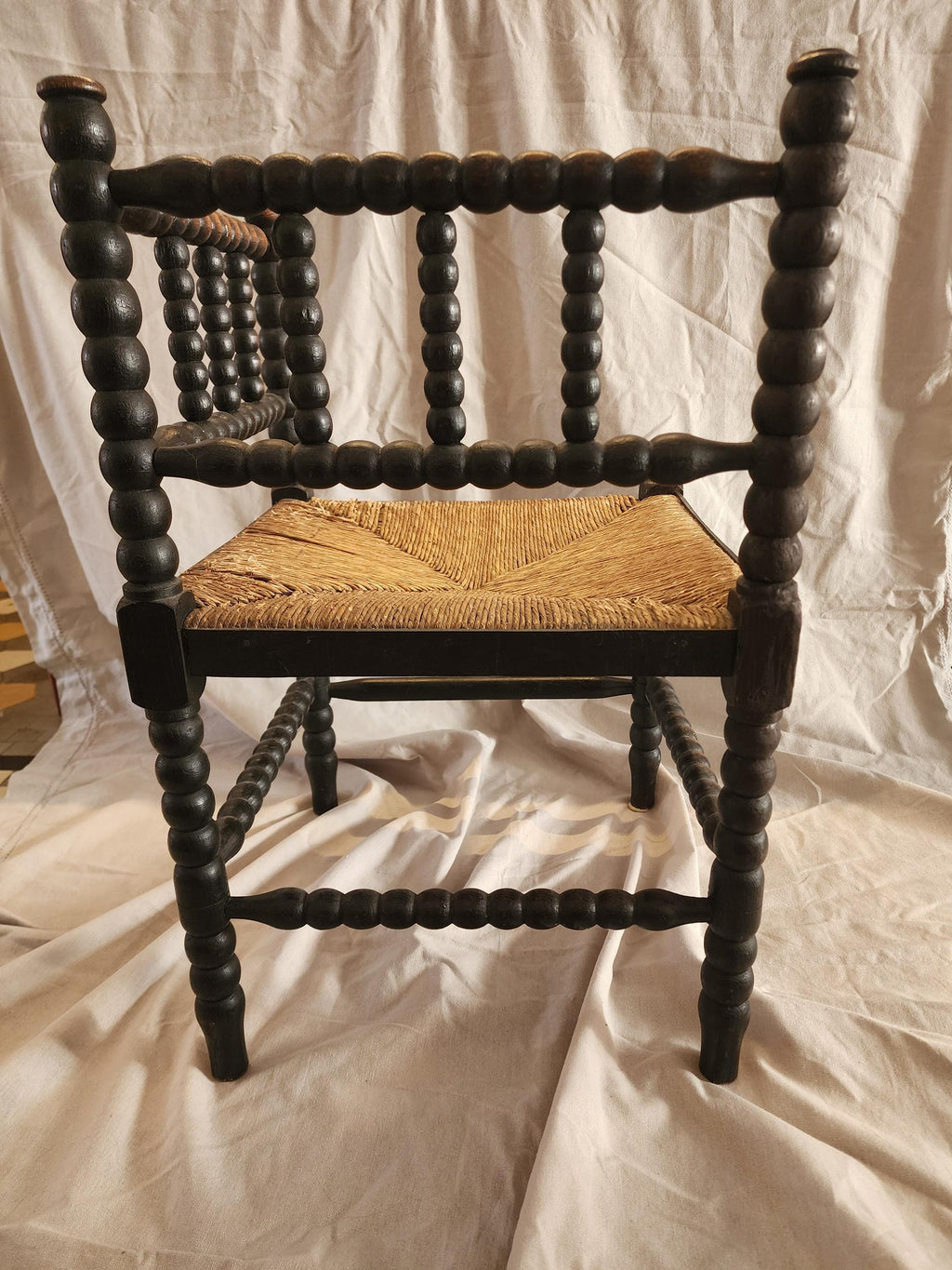 Antique Bobbin Corner Chair, Rush Seat Chair, Spanish Colonial Style, Woven Seat Armchair, Primitive Wooden Chair