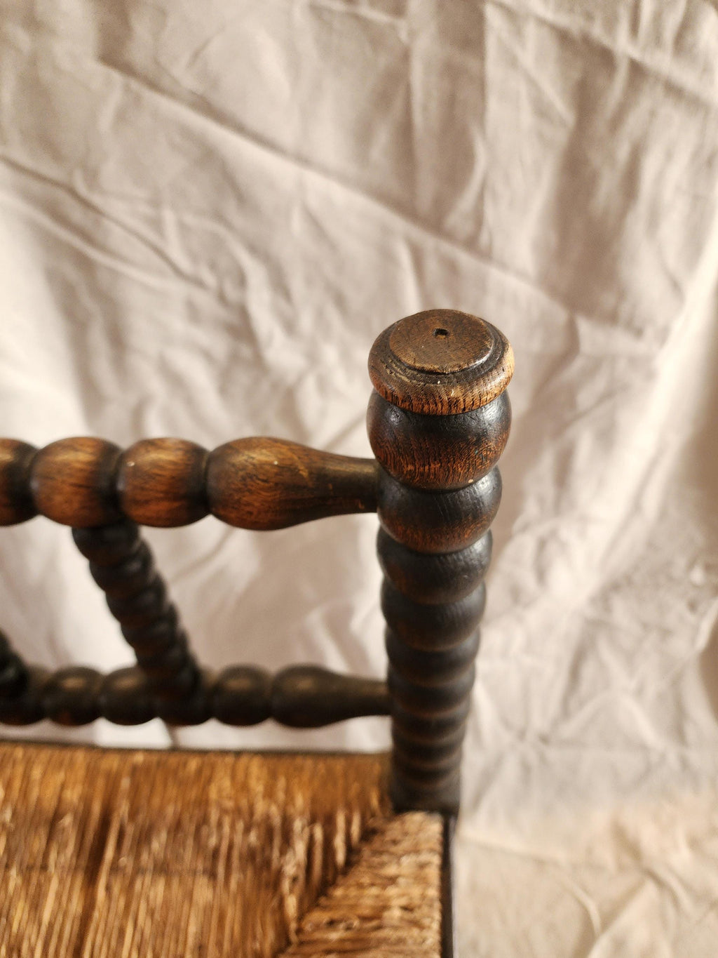 Antique Bobbin Corner Chair, Rush Seat Chair, Spanish Colonial Style, Woven Seat Armchair, Primitive Wooden Chair