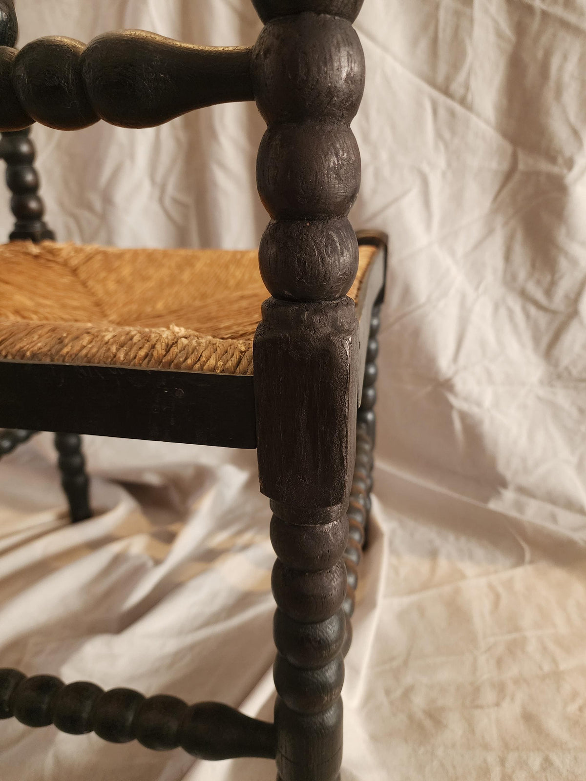 Antique Bobbin Corner Chair, Rush Seat Chair, Spanish Colonial Style, Woven Seat Armchair, Primitive Wooden Chair