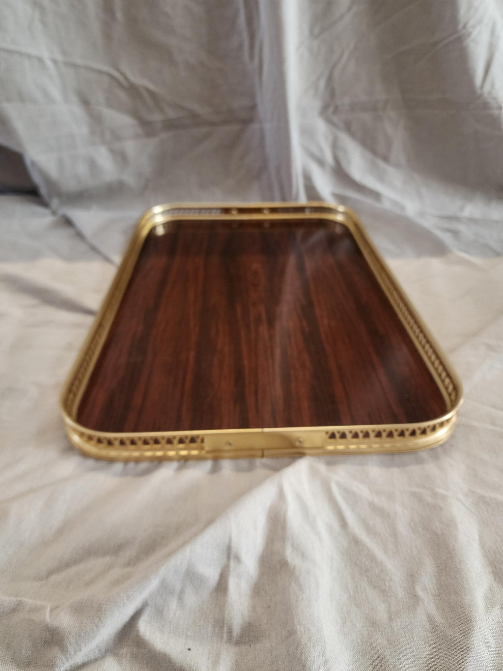 Vintage Gold Gallery Tray, Hollywood Regency Serving Tray, Faux Wood Brass Vanity Tray, Bar Cart Coffee Table Decor