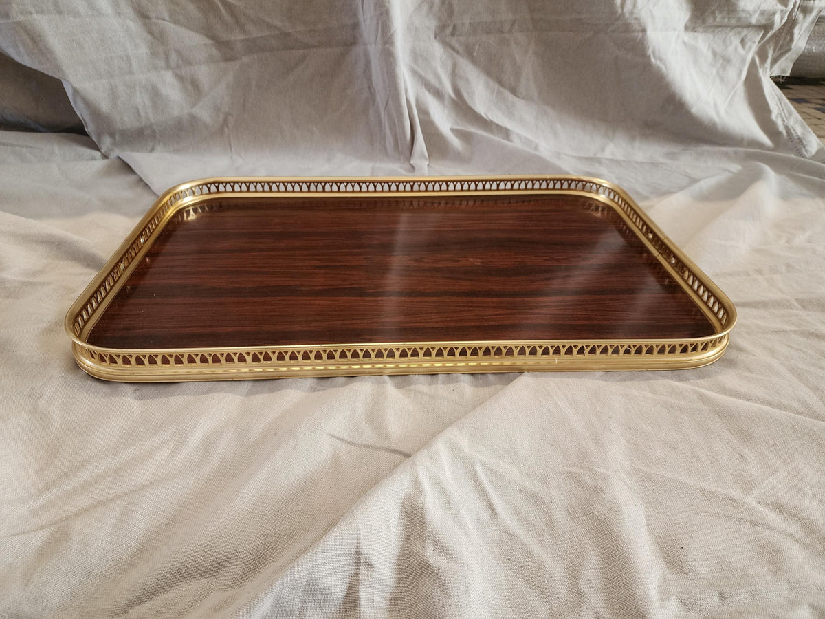 Vintage Gold Gallery Tray, Hollywood Regency Serving Tray, Faux Wood Brass Vanity Tray, Bar Cart Coffee Table Decor