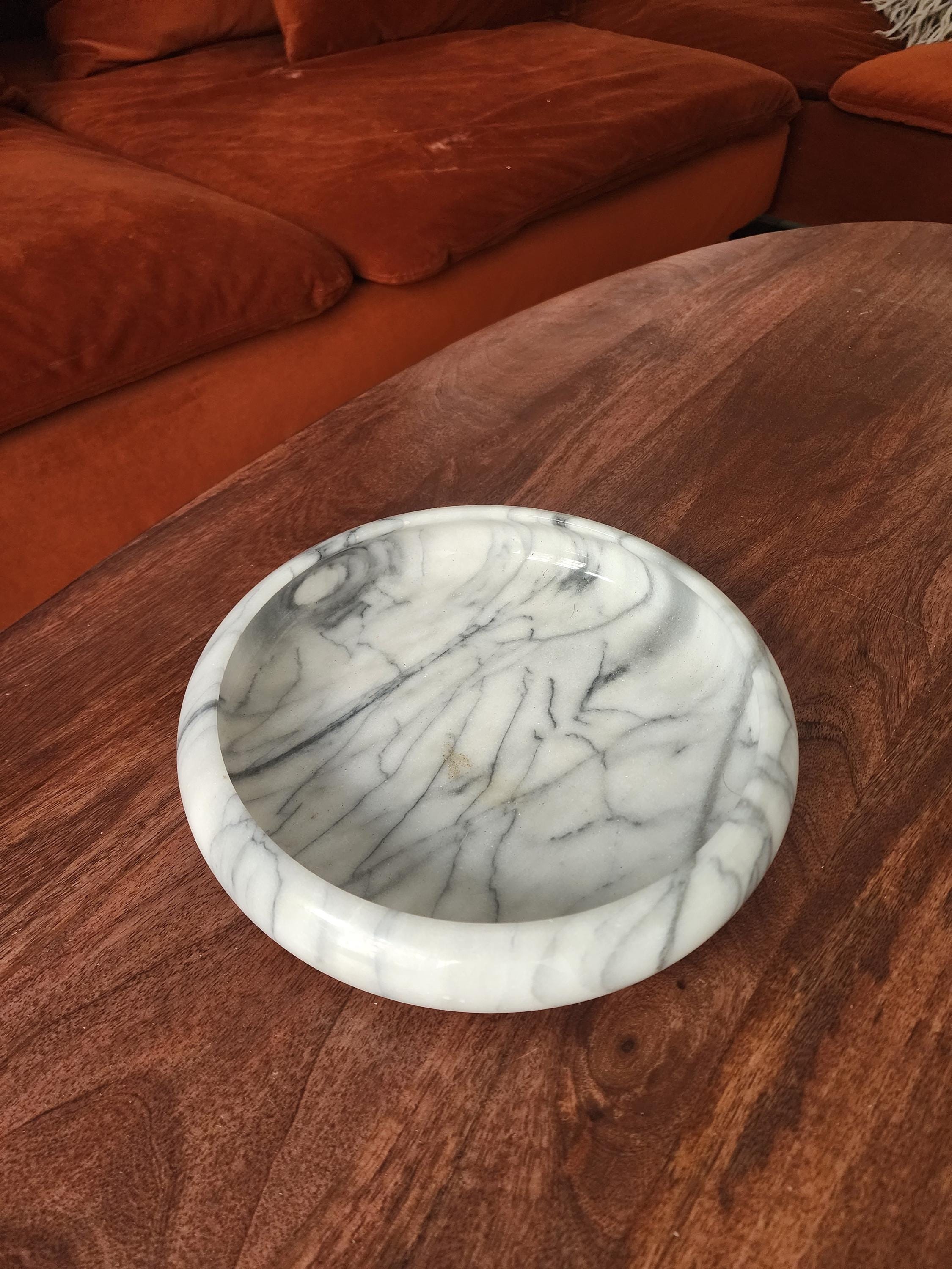 Vintage Marble Bowl, White and Gray Stone Catchall Dish, Heavy Round Marble Centerpiece, Minimalist Coffee Table Decor