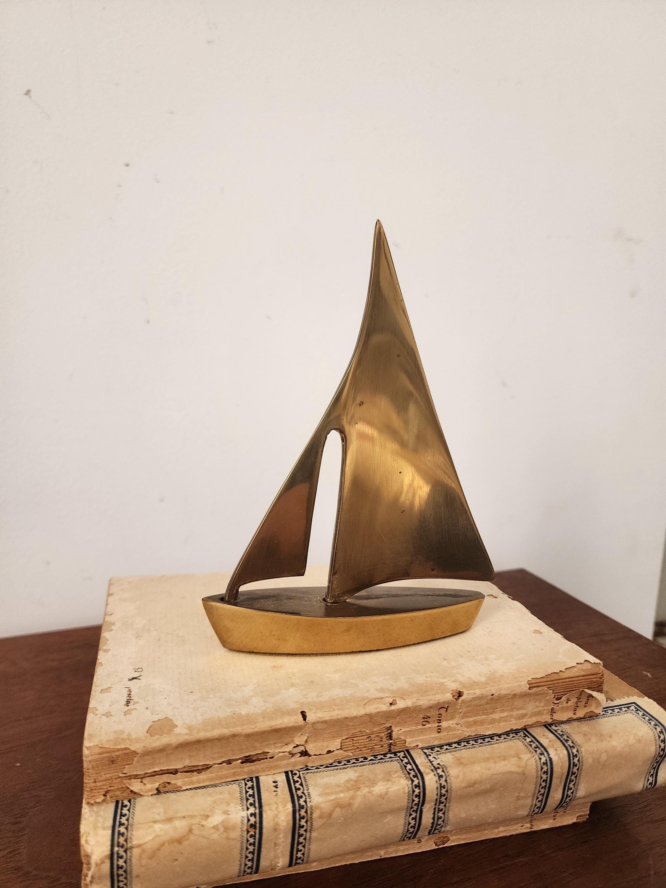 MCM Brass Sailboat Sculpture, Mid Century Modern Nautical Decor, Vintage Minimalist Brass Boat Figurine