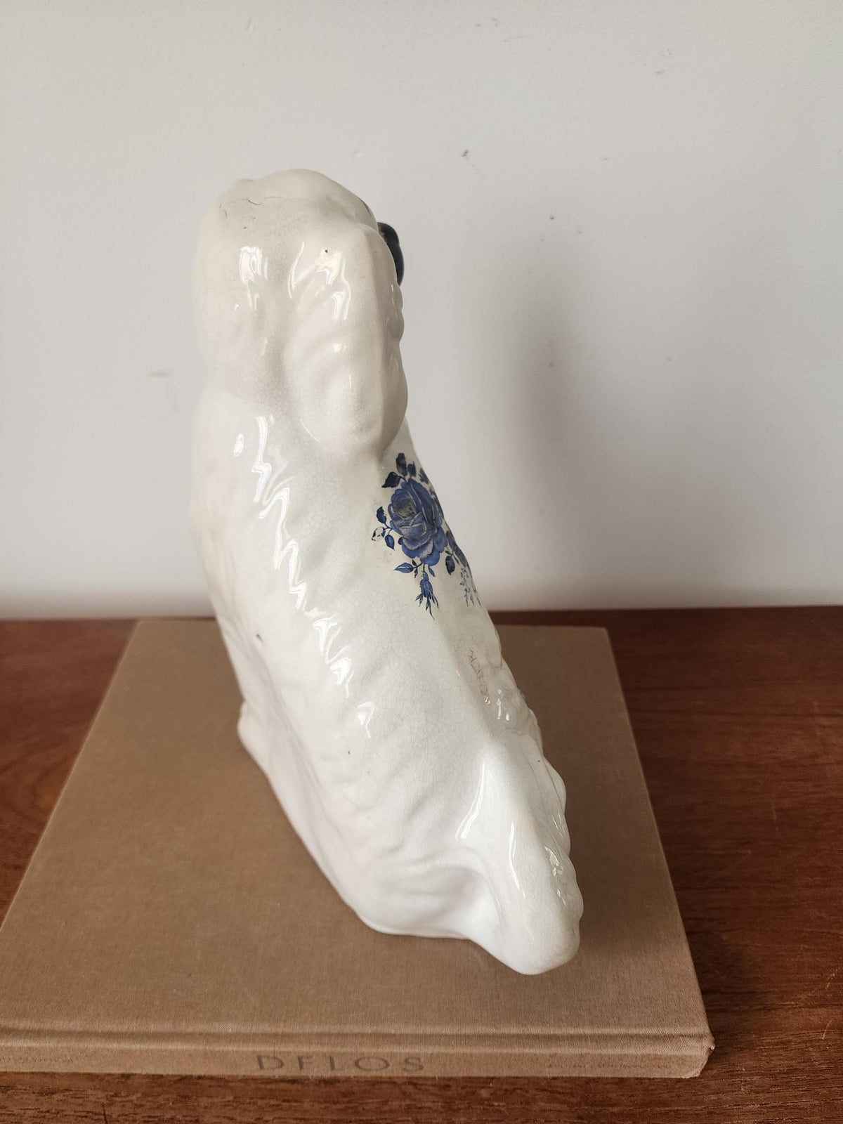 Vintage Staffordshire Style Dog Figurine Blue Transferware Ceramic Spaniel Cottagecore Decor 11 Inch tall