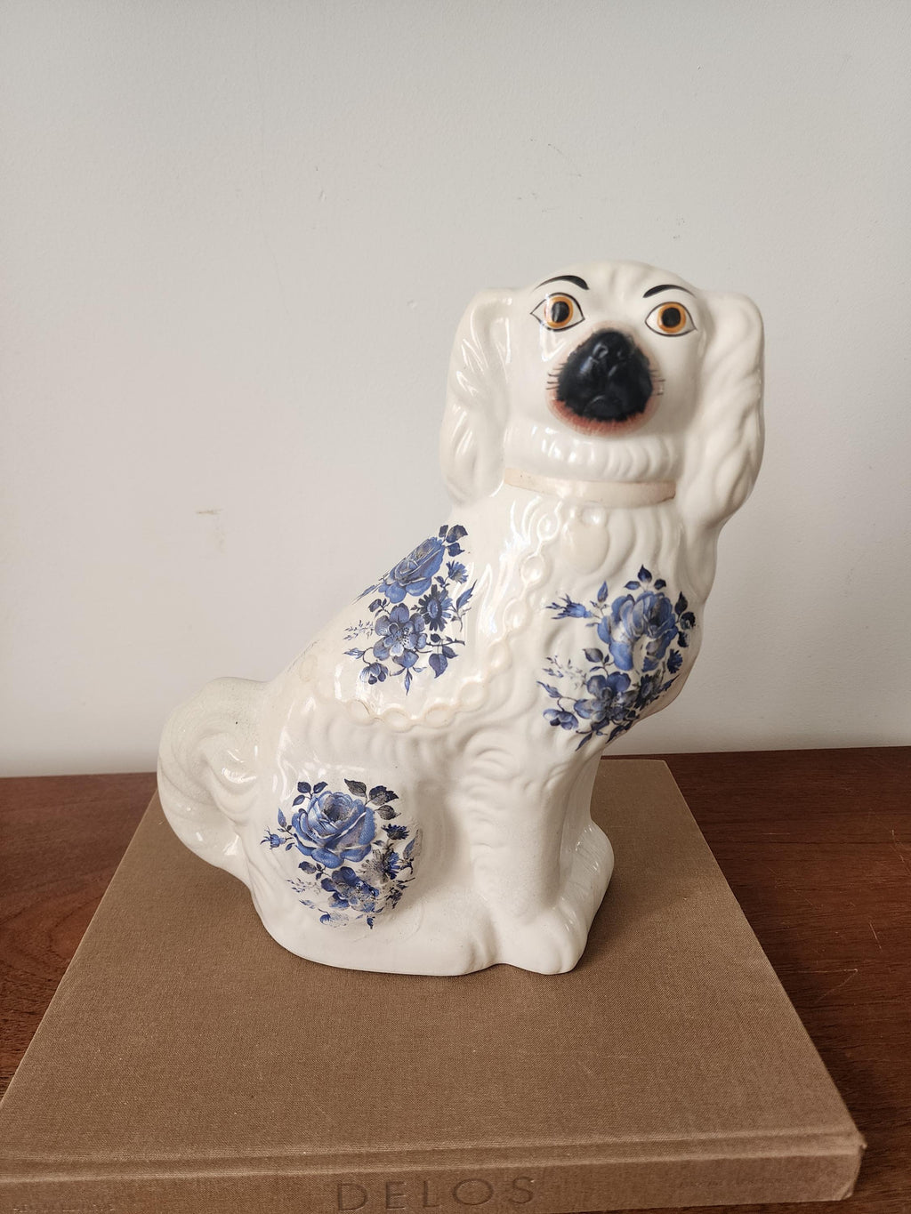 Vintage Staffordshire Style Dog Figurine Blue Transferware Ceramic Spaniel Cottagecore Decor 11 Inch tall