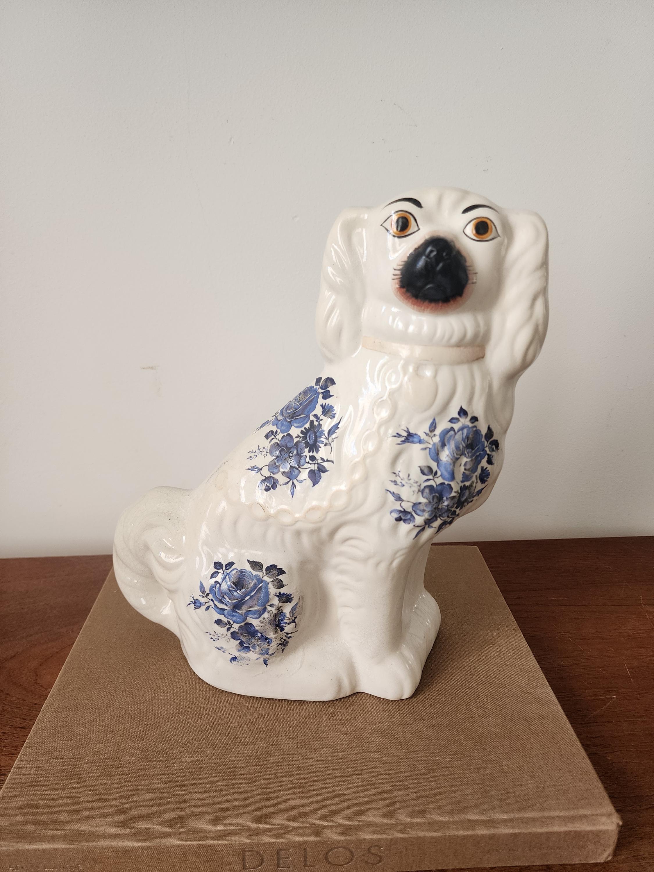 Vintage Staffordshire Style Dog Figurine Blue Transferware Ceramic Spaniel Cottagecore Decor 11 Inch tall