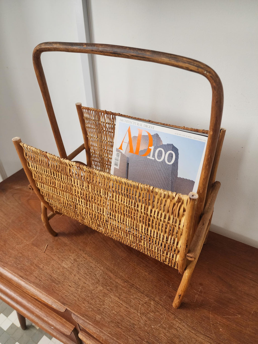 Mid Century Modern Bamboo Rattan Magazine Rack Boho Wicker Newspaper Holder Stand Vintage MCM Bentwood Scandinavian Japandi Decor