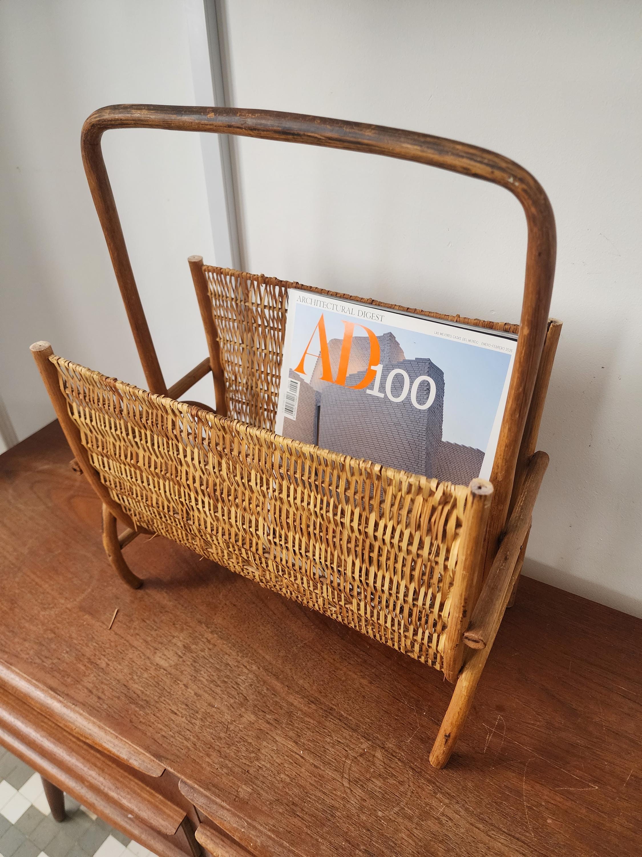 Mid Century Modern Bamboo Rattan Magazine Rack Boho Wicker Newspaper Holder Stand Vintage MCM Bentwood Scandinavian Japandi Decor