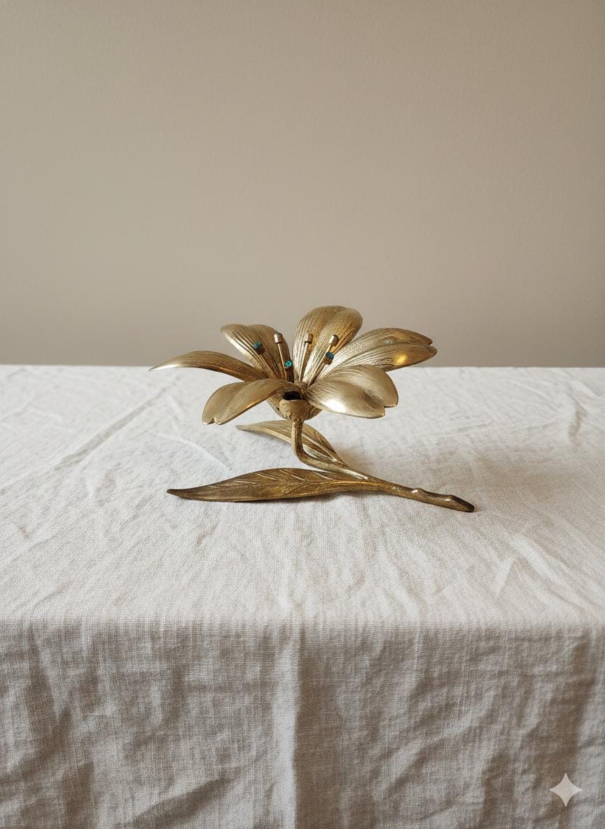 Vintage Italian Gilt Brass Flower Candle Holder Hollywood Regency Floral Centerpiece Gold Metal Lily Sculpture Decor