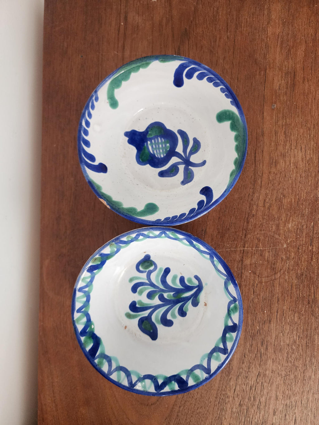 Pair Vintage Spanish Hand Painted Ceramic Bowls, Blue Green Floral Pottery, Rustic Mediterranean Display Dishes