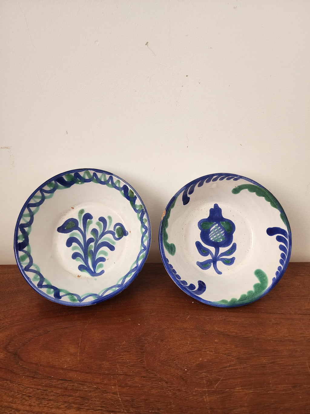 Pair Vintage Spanish Hand Painted Ceramic Bowls, Blue Green Floral Pottery, Rustic Mediterranean Display Dishes