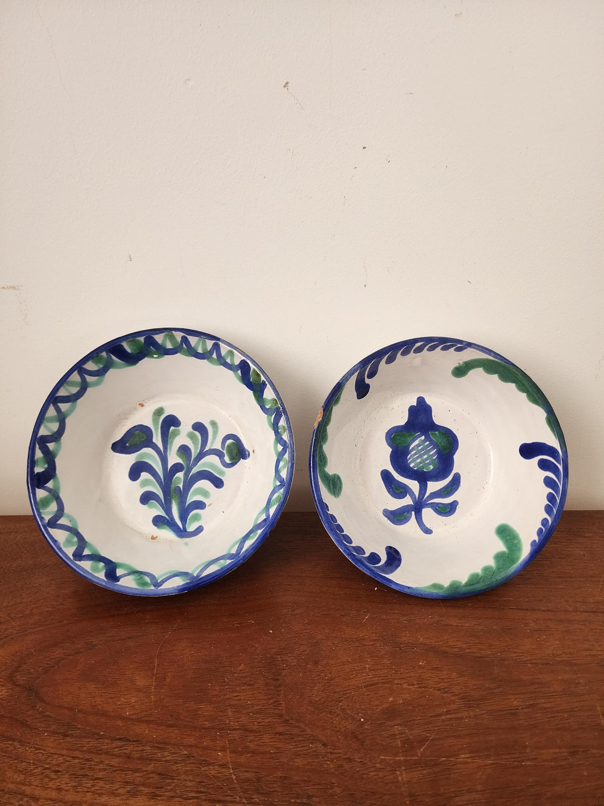 Pair Vintage Spanish Hand Painted Ceramic Bowls, Blue Green Floral Pottery, Rustic Mediterranean Display Dishes