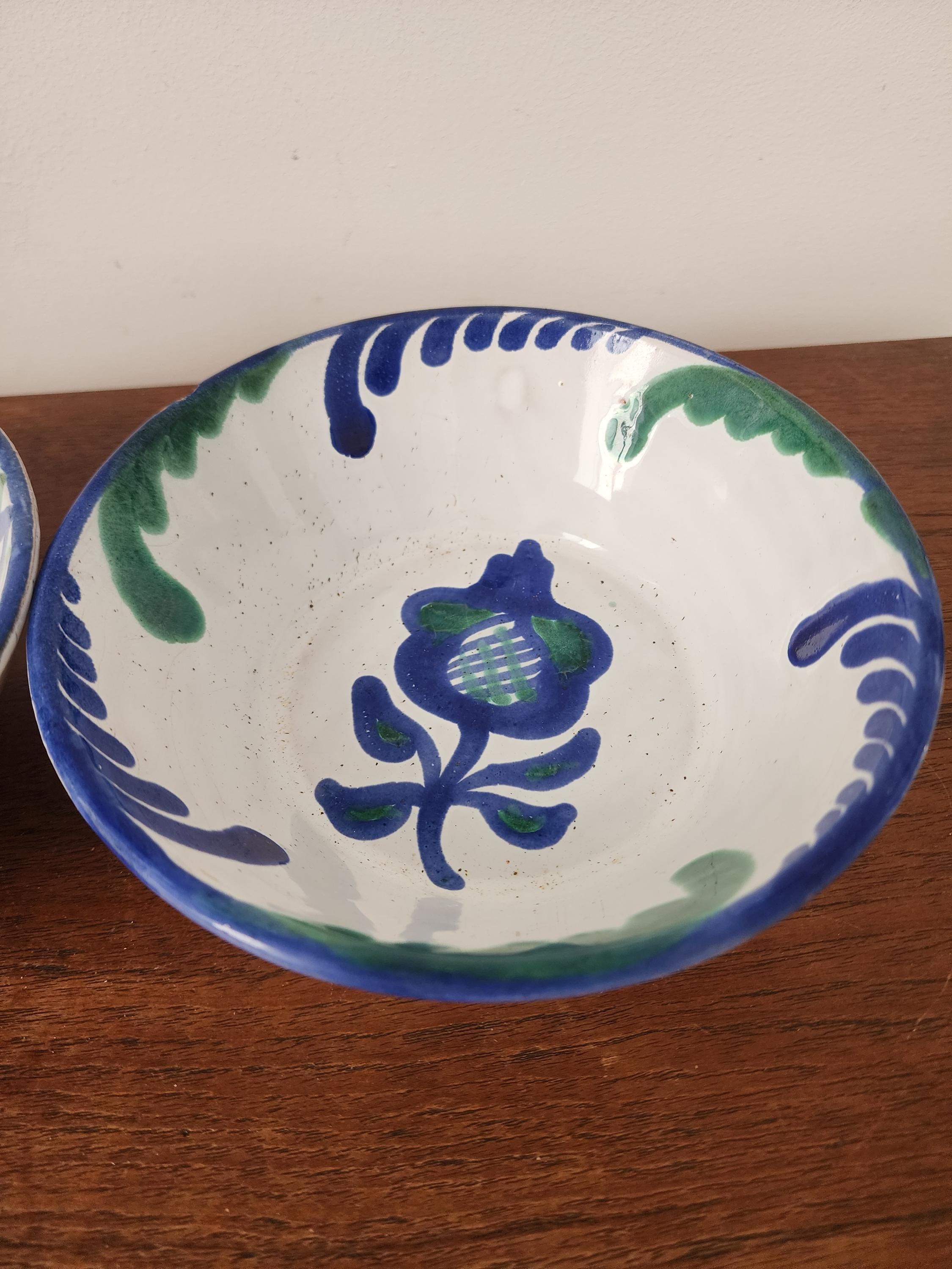 Pair Vintage Spanish Hand Painted Ceramic Bowls, Blue Green Floral Pottery, Rustic Mediterranean Display Dishes