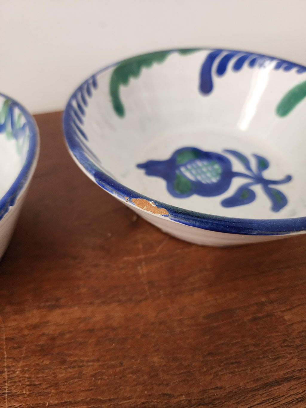 Pair Vintage Spanish Hand Painted Ceramic Bowls, Blue Green Floral Pottery, Rustic Mediterranean Display Dishes