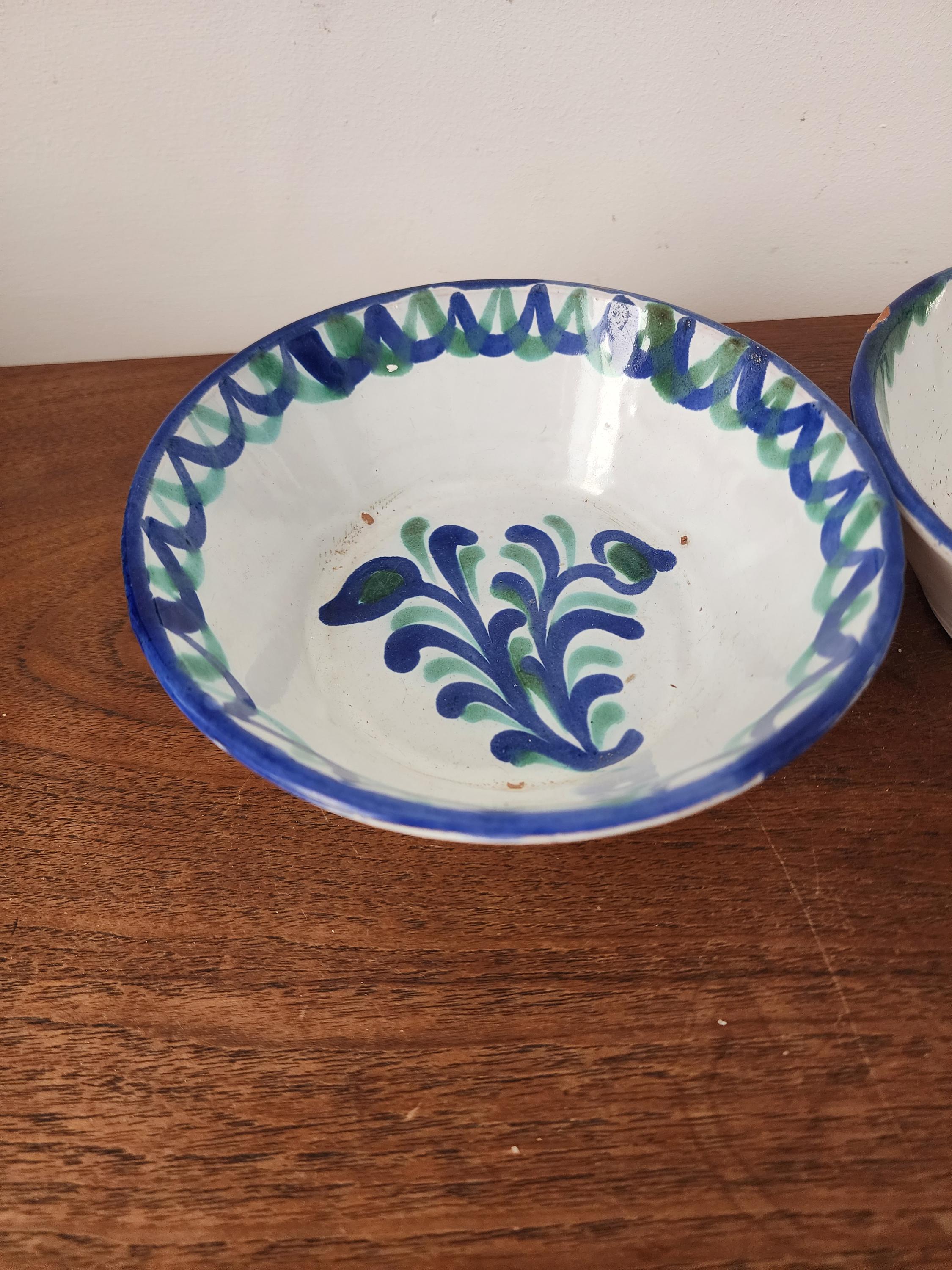 Pair Vintage Spanish Hand Painted Ceramic Bowls, Blue Green Floral Pottery, Rustic Mediterranean Display Dishes