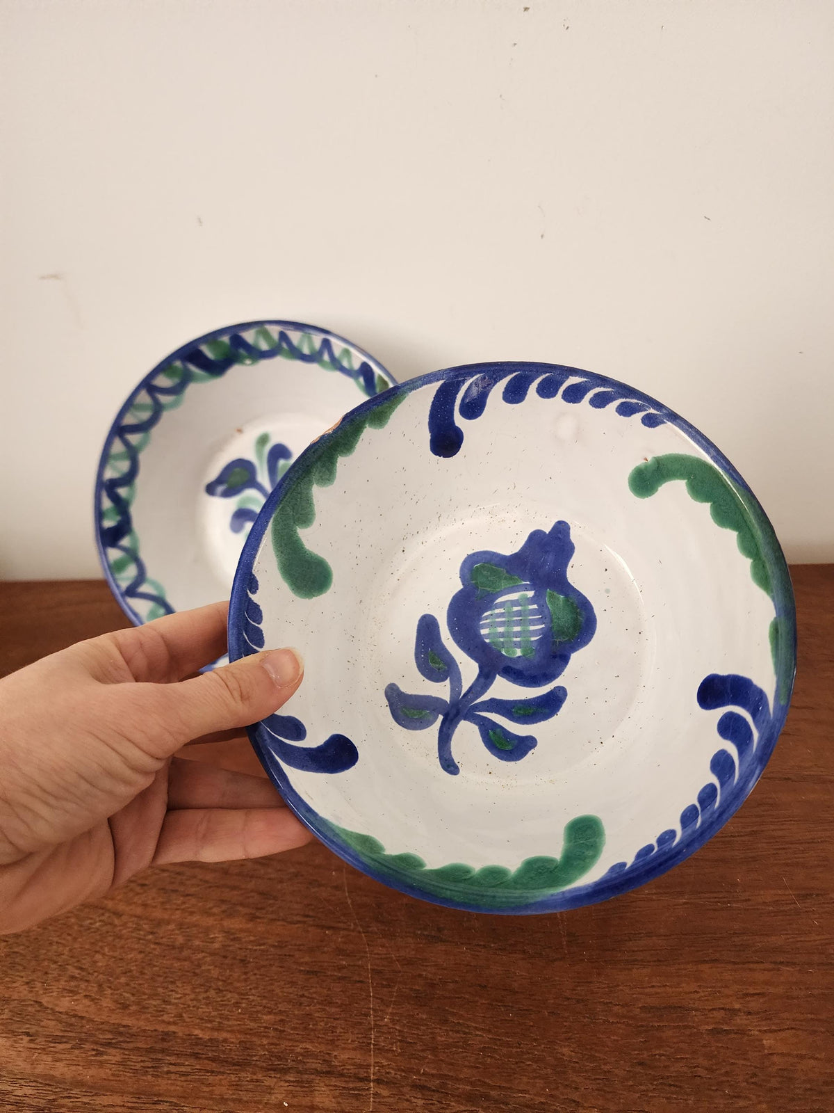 Pair Vintage Spanish Hand Painted Ceramic Bowls, Blue Green Floral Pottery, Rustic Mediterranean Display Dishes
