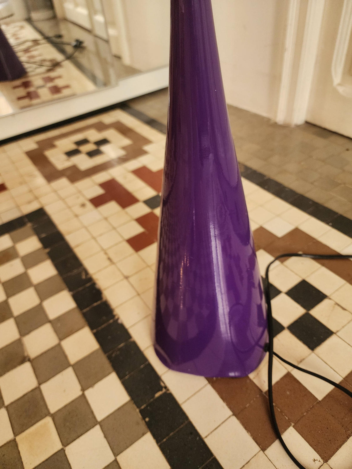 Mathias Purple Floor Lamp, Vintage Lacquered Metal Torchiere, 1970s Sculptural Cone Lamp, MCM Lighting