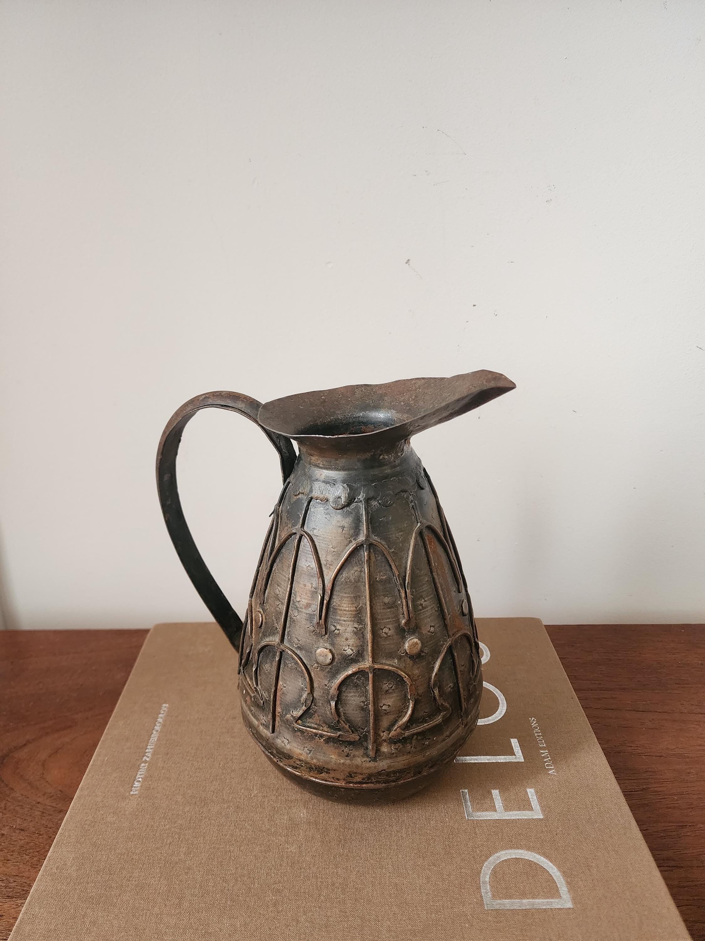 Vintage Hammered Metal Jug, Rustic Embossed Pitcher, Arts and Crafts Style Vase, Primitive Metal Decor
