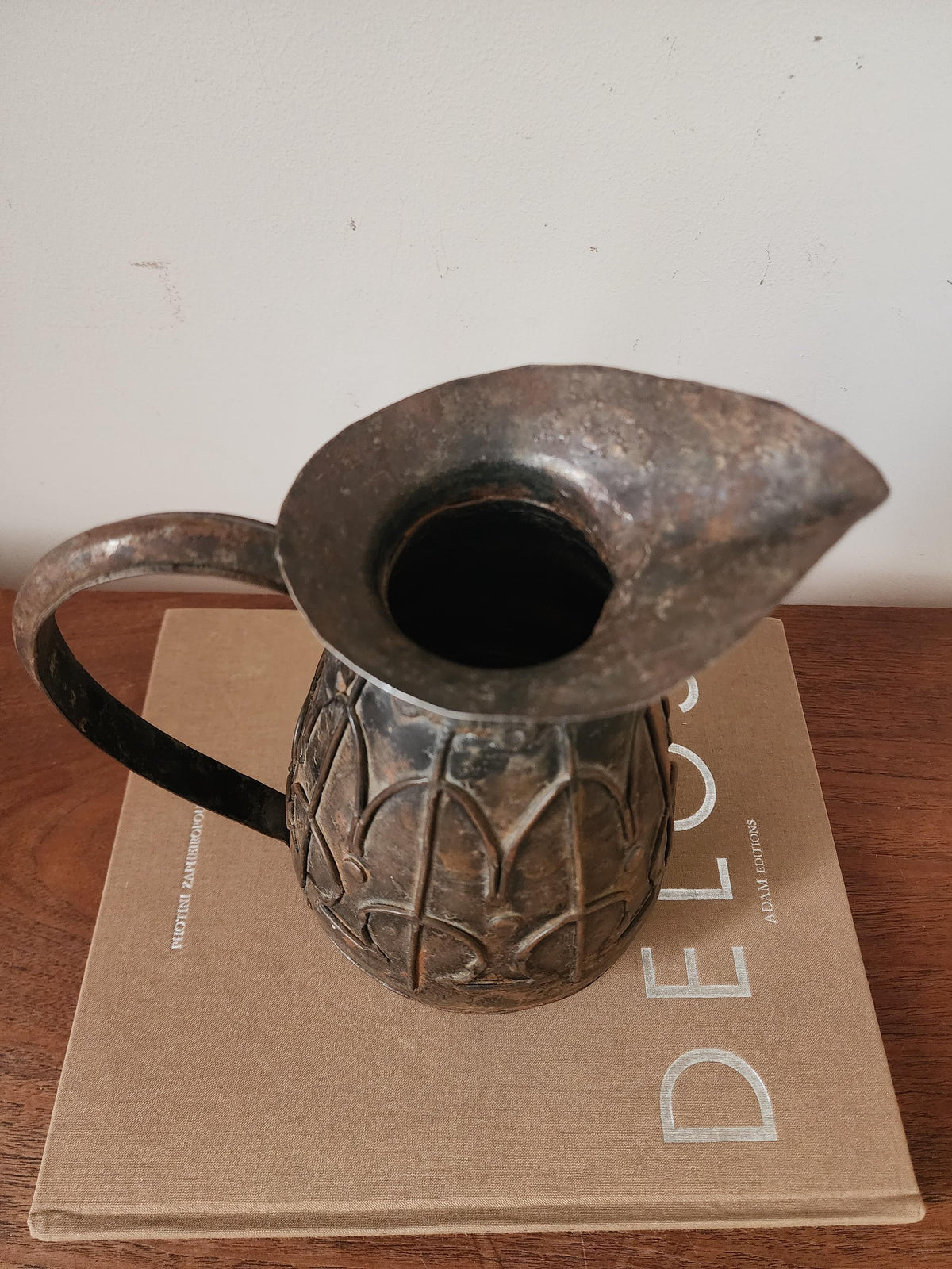 Vintage Hammered Metal Jug, Rustic Embossed Pitcher, Arts and Crafts Style Vase, Primitive Metal Decor