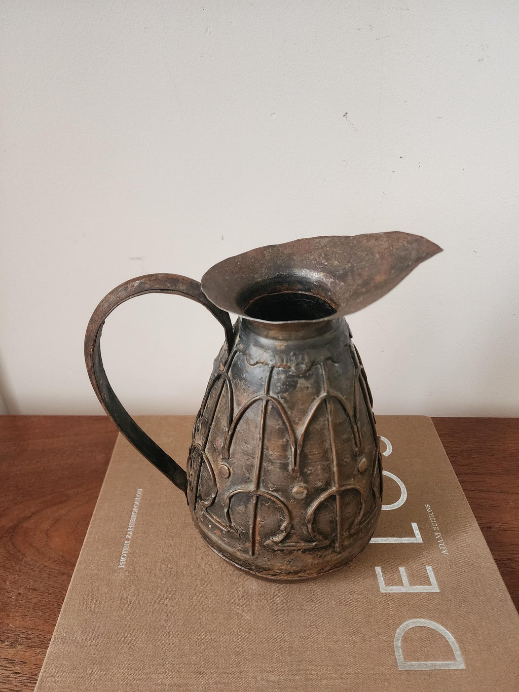 Vintage Hammered Metal Jug, Rustic Embossed Pitcher, Arts and Crafts Style Vase, Primitive Metal Decor